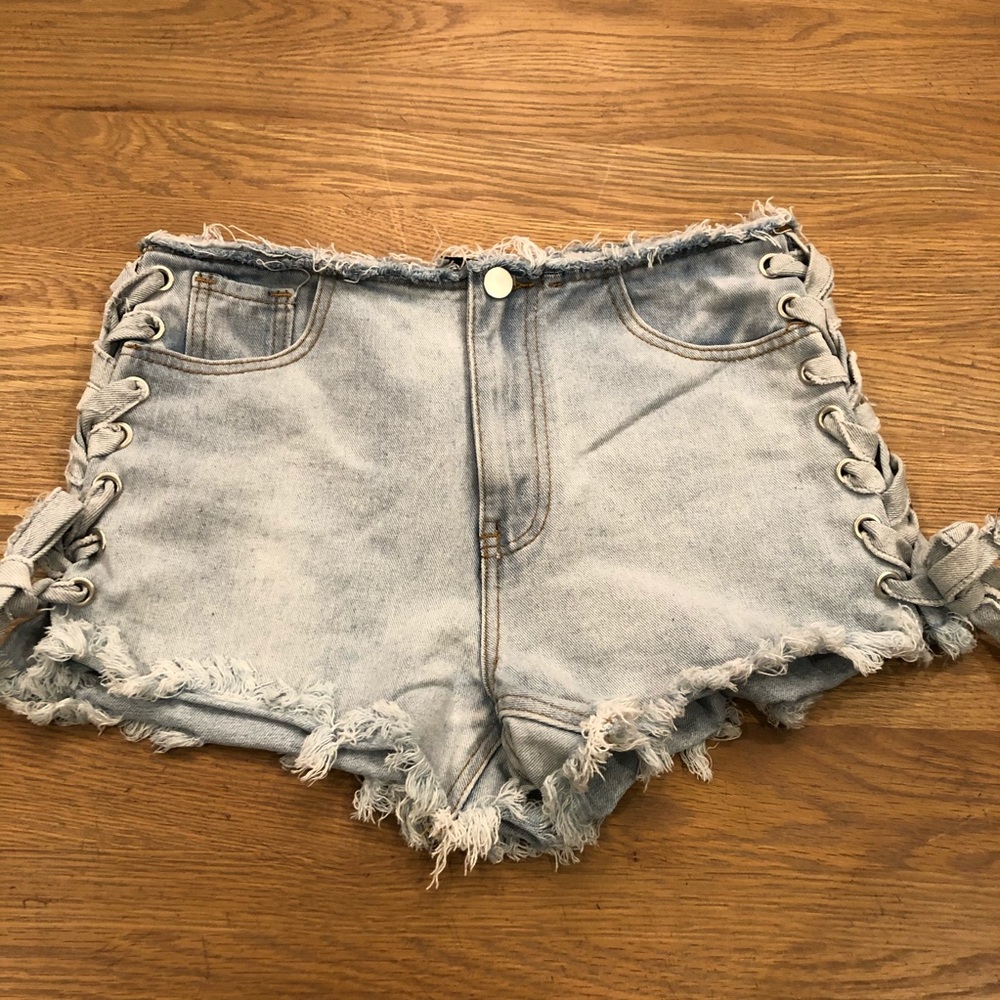 Lace up high waisted jean shorts